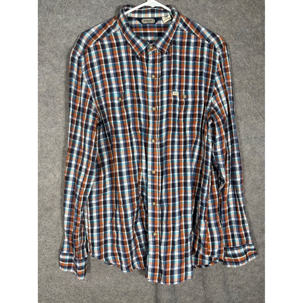 Salt Valley Mens Large Plaid Button Down Shirt Orange Blue Long Sleeve Cotton